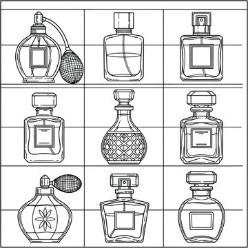 Illustration of various perfume bottles and fragrance containers on display