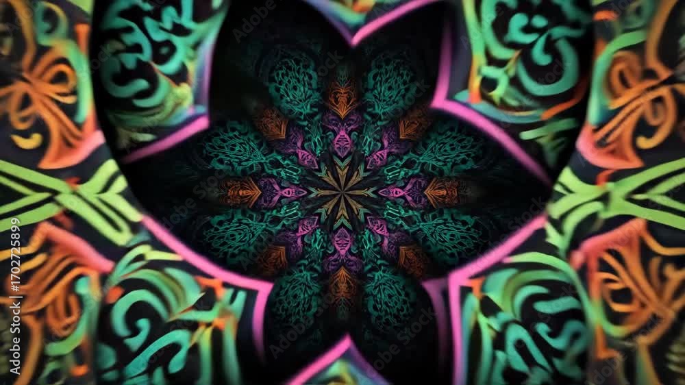 Poster hypnotic mandala pattern animation for creative project backdrop. ornamental symmetrical design with
