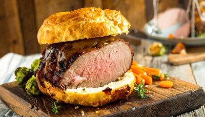 Roasted pork tenderloin sandwich on a rustic wooden board