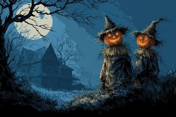 Fototapeta premium Spooky carved halloween pumpkins glowing with eerie light on a stone pathway in front of an old haunted mansion at night