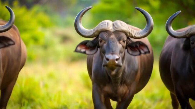 Three African buffaloes in a grassy savanna