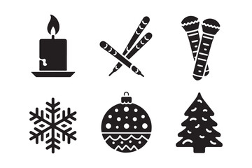 Set of six black christmas and holiday icons on white background