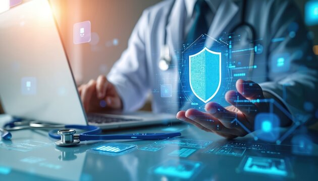 Doctor uses technology for healthcare data security. Digital shield symbol and stethoscope represent patient records and hospital system advancements. Medical technology concept.