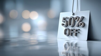 Sleek discount sign displaying a 50 percent off promotion with blurred background highlights