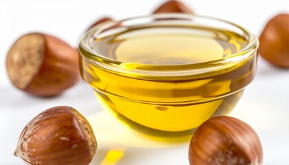 Hazelnut Oil on Isolated White Background – Golden Oil with Buttery Notes and Professional Macro Focus