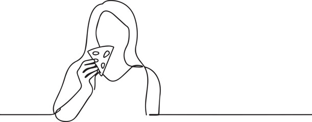 Woman eating pizza one continuous line art, One line art, Vector illustration