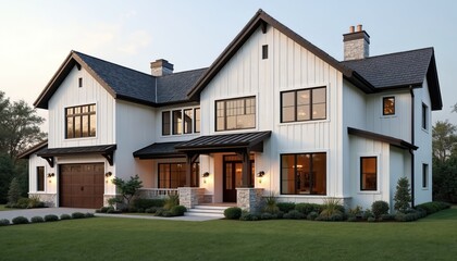 Contemporary two-story farmhouse with exterior paint and dark walnut window frames. The house has grey beam, stress structure, front yard and oversize garage, muted rust colors and clear blue sky.