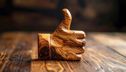 Wooden thumb-up sign on a rustic table
