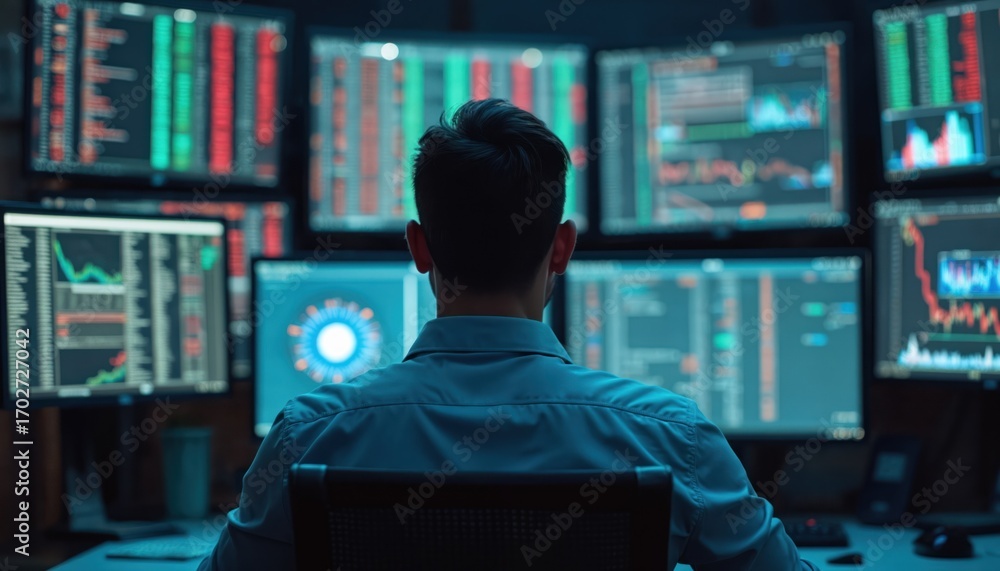 Poster man studies multiple computer screens displaying stock market data, financial graphs. businessman an