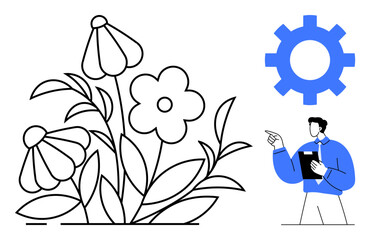 Flowers growing with detailed foliage beside a gear and man holding a notebook. Ideal for growth, innovation, process, sustainability, analysis, nature studies, teamwork flat simple metaphor