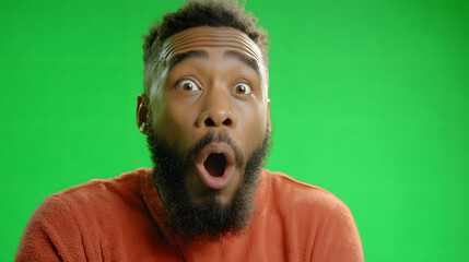 A surprised young Black man with a beard and wide eyes against a vibrant green screen background, mouth open in astonishment.