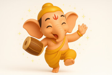 Joyful dancing ganesh figurine cheerful setting digital artwork playful vibes close-up perspective cultural representation