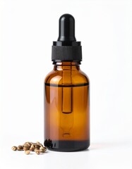 Hemp Seed Oil in Amber Bottle on Isolated White Background – Nutty Aroma with Omega-3 Rich Composition and Organic Feel