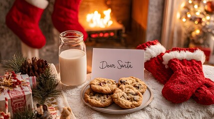 Cookies and milk left for santa with a letter by the fireplace on christmas eve