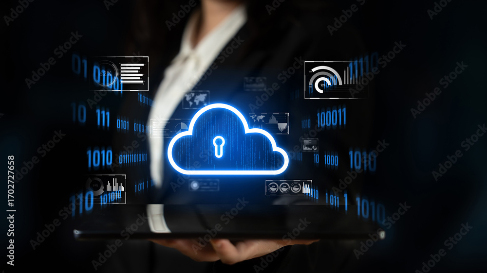 Poster cloud computing enables digital growth with secure data storage, scalable infrastructure, and strate