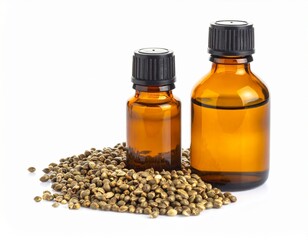 Hemp Seed Oil in Amber Bottle on Isolated White Background – Nutty Aroma with Omega-3 Rich Composition and Organic Feel