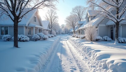 Snow-covered street lined with light-colored homes on clear winter day. Tire tracks mark pathway between snowbanks, frosted trees. Clear blue skies suggest cold, crisp weather. Neighborhood feels