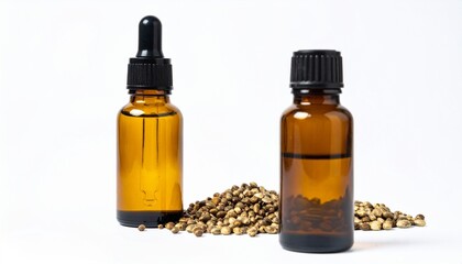 Hemp Seed Oil in Amber Bottle on Isolated White Background – Nutty Aroma with Omega-3 Rich Composition and Organic Feel