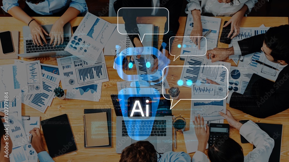 Poster group of professionals collaborating on data analysis in a modern office environment, utilizing ai t