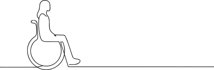 Woman on wheelchair one continuous line art, One line art, Vector illustration