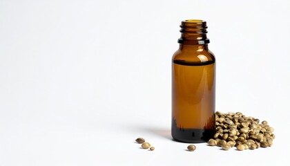 Hemp Seed Oil in Amber Bottle on Isolated White Background – Nutty Aroma with Omega-3 Rich Composition and Organic Feel