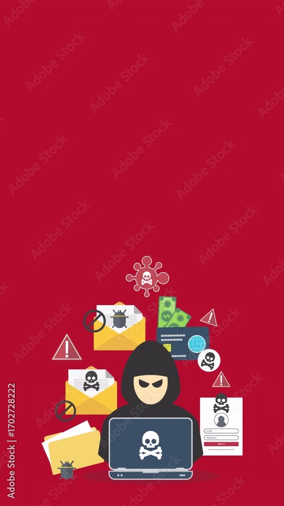 Poster hacker with laptop computer stealing confidential data, personal information and credit card detail.