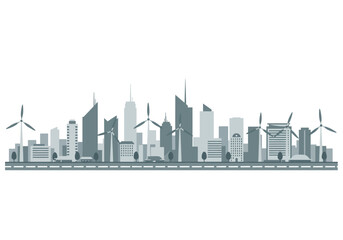 Modern City Skyline with Wind Turbines.