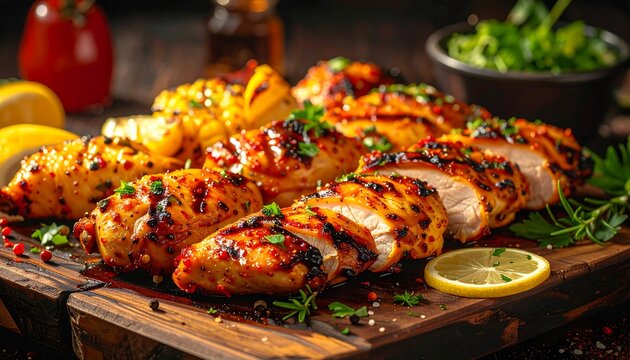 Grilled chicken breast slices with herbs and lemon