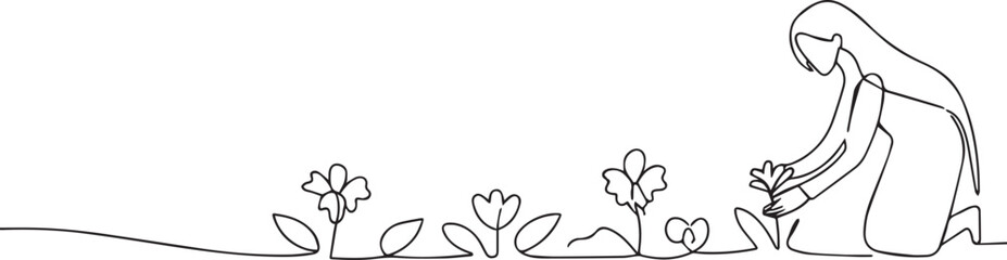 Woman gardening flower one continuous line art, One line art, Vector illustration