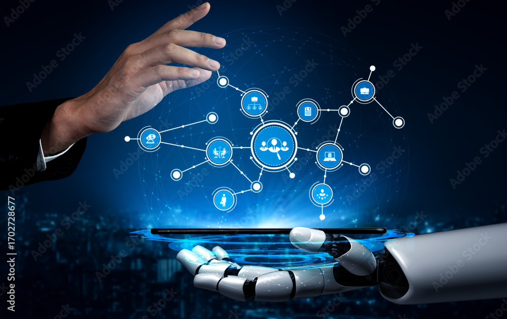 Poster a captivating scene showcasing the interaction between a human hand and a robotic arm, surrounded by