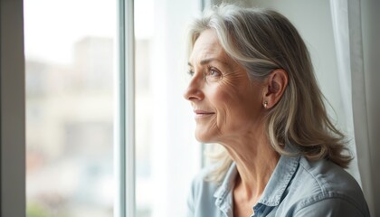 Portrait of elegant middle-aged woman by window looking away. Mature female with grey hair smiles. Thoughtful expression, contemplating life. Natural light, peaceful mood. Senior lady, beautiful face.