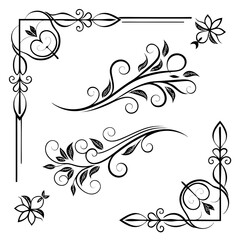 Ornamental calligraphy elements. Vintage decorative frames, elegant flourish swirls and filigree borders, classic wedding invitation design. Vector