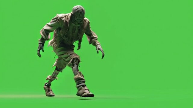 Terrifying mummy running fast on green screen, perfect for horror movie effects or Halloween themed video project