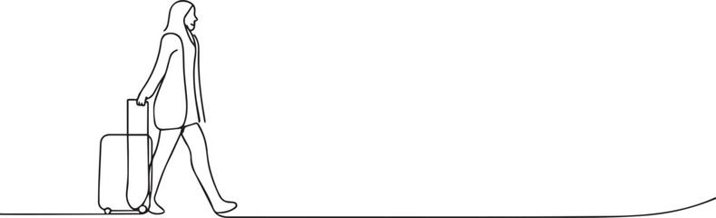 woman pulling suitcase one continuous line art, One line art, Vector illustration