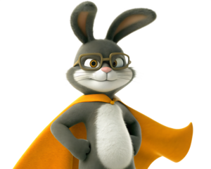 Confident Cartoon Rabbit Character with Glasses and Orange Cape bunny mascot isolated on a transparent background