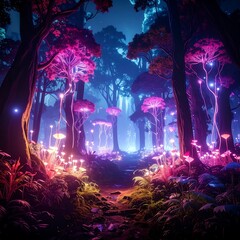 Fantasy forest at night with glowing flora