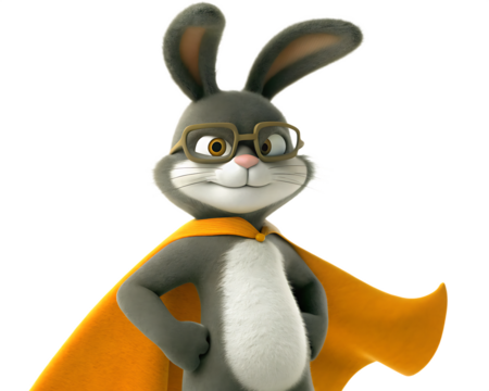 Confident Cartoon Rabbit Character with Glasses and Orange Cape bunny mascot isolated on a transparent background