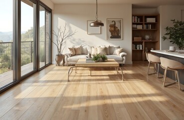 Light wooden flooring complements modern living room interior. Parquet floor enhances home design, offering warmth, elegance. Wood installation ideas, remodel options, decor upgrades, easy