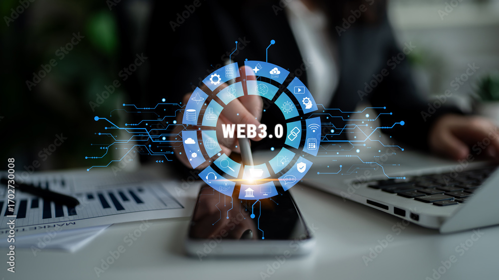 Poster the web 3.0 technology ecosystem and its digital applications. an interface showcasing the various c