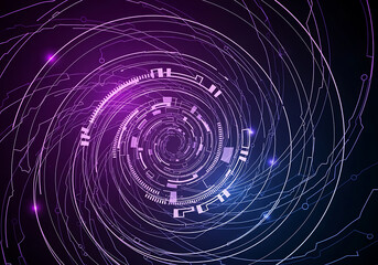 Vibrant digital abstract background with glowing futuristic purple and blue circuit lines creating a dynamic, modern, and complex technological communication network concept.