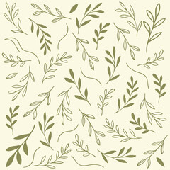 A minimalist botanical pattern with hand-drawn leaves. An elegant background of scattered green sprigs and branches
