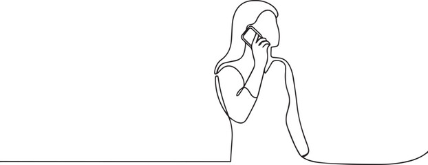 Woman talking on smart phone one continuous line art, Vector illustration, One line art, Line art graphic style