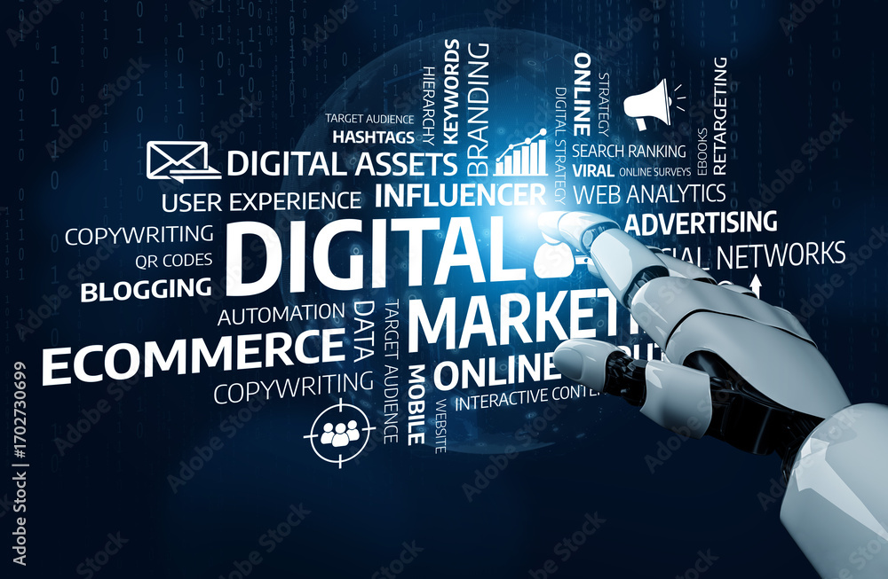 Poster a robotic hand interacts with a visual representation of digital marketing concepts, emphasizing the