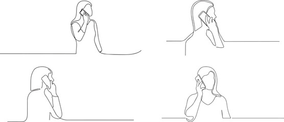 Set of Woman talking on smart phone one continuous line art, Vector illustration, One line art, Line art graphic style