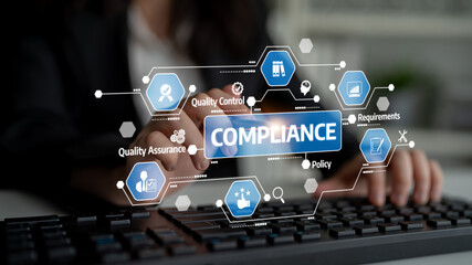 Visual representation of compliance in business with icons for quality control, assurance, requirements, and policy, highlighting the importance of regulatory measures. Tessel