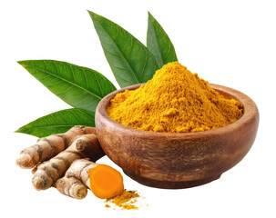 Turmeric powder in a wooden bowl, with fresh leaves and roots (2)