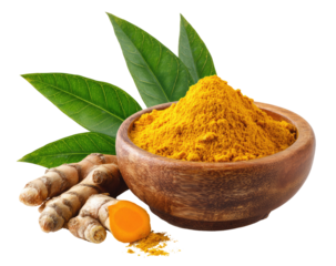 Turmeric powder in a wooden bowl, with fresh leaves and roots (2)
