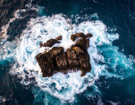 Aerial view of a rocky islet amidst churning waves