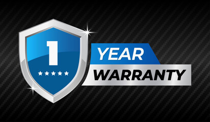 1 year warranty shield badge label icon. Blue and silver metal shield guarantee logo with stars, Security protection emblem, Quality assurance seal, Vector illustration.