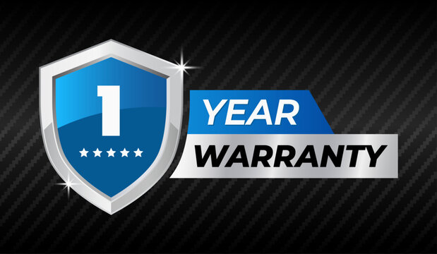 1 year warranty shield badge label icon. Blue and silver metal shield guarantee logo with stars, Security protection emblem, Quality assurance seal, Vector illustration.